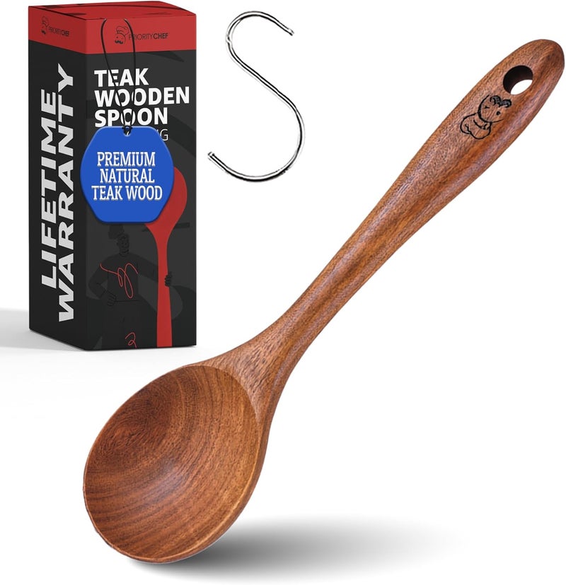 Priority Chef PriorityChef Wooden Spoon for Cooking – Handcrafted Teak Wood Serving Spoon, Non Toxic, Nonstick-Safe Kitchen Utensil for Stirring, Mixing & Everyday Serving - Image 1
